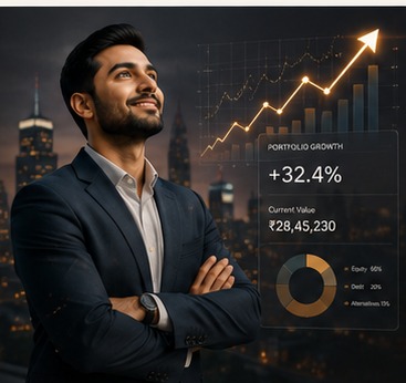 A confident investor with a rising portfolio chart representing wealth growth