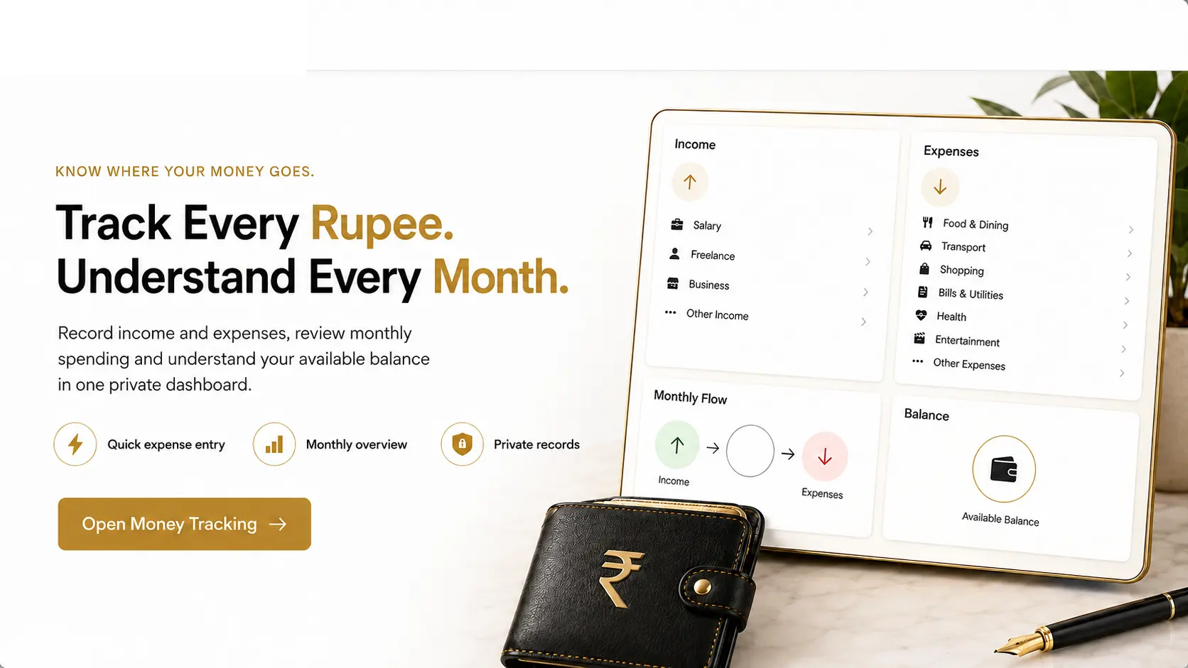 Underpitch Money Tracking for income, expenses, monthly flow and balance