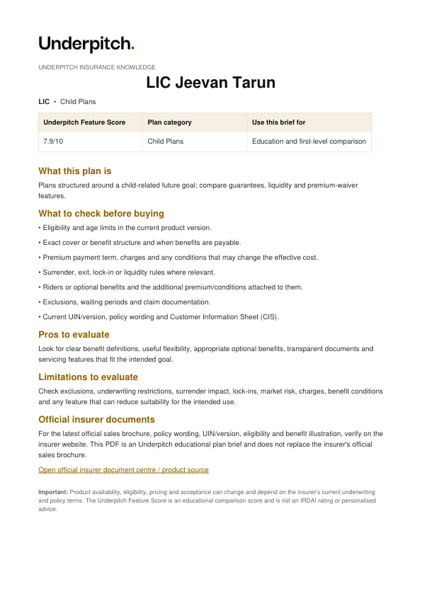 LIC Jeevan Tarun plan cover