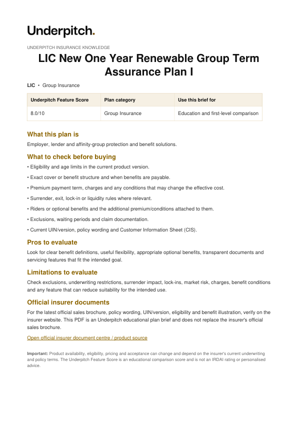 LIC New One Year Renewable Group Term Assurance Plan I plan cover