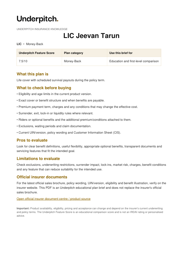 LIC Jeevan Tarun plan cover
