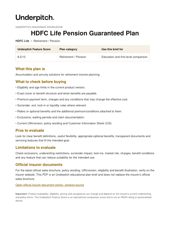 HDFC Life Pension Guaranteed Plan plan cover
