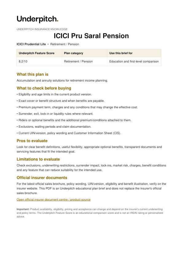 ICICI Pru Saral Pension plan cover