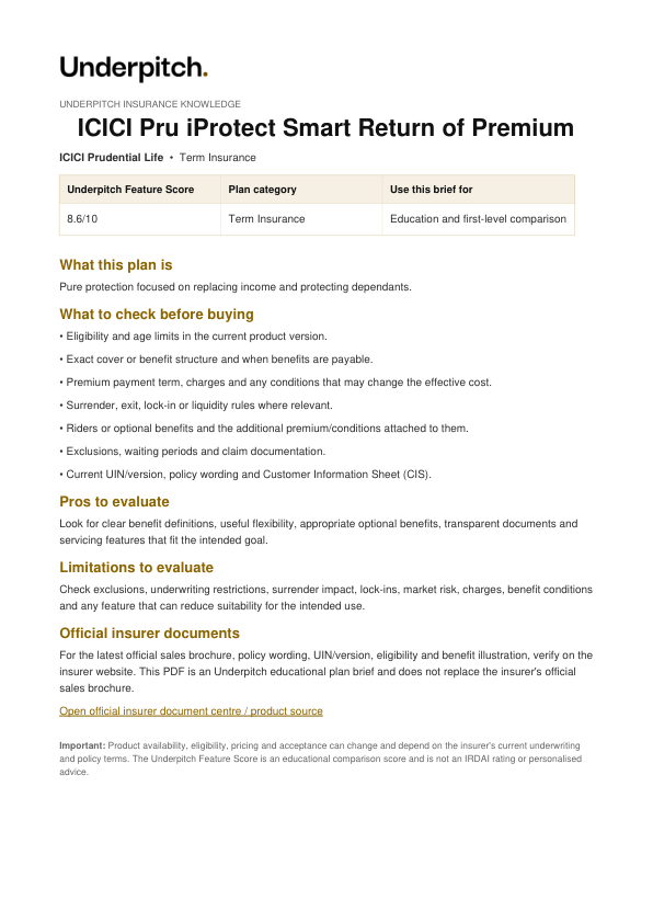 ICICI Pru iProtect Smart Return of Premium plan cover